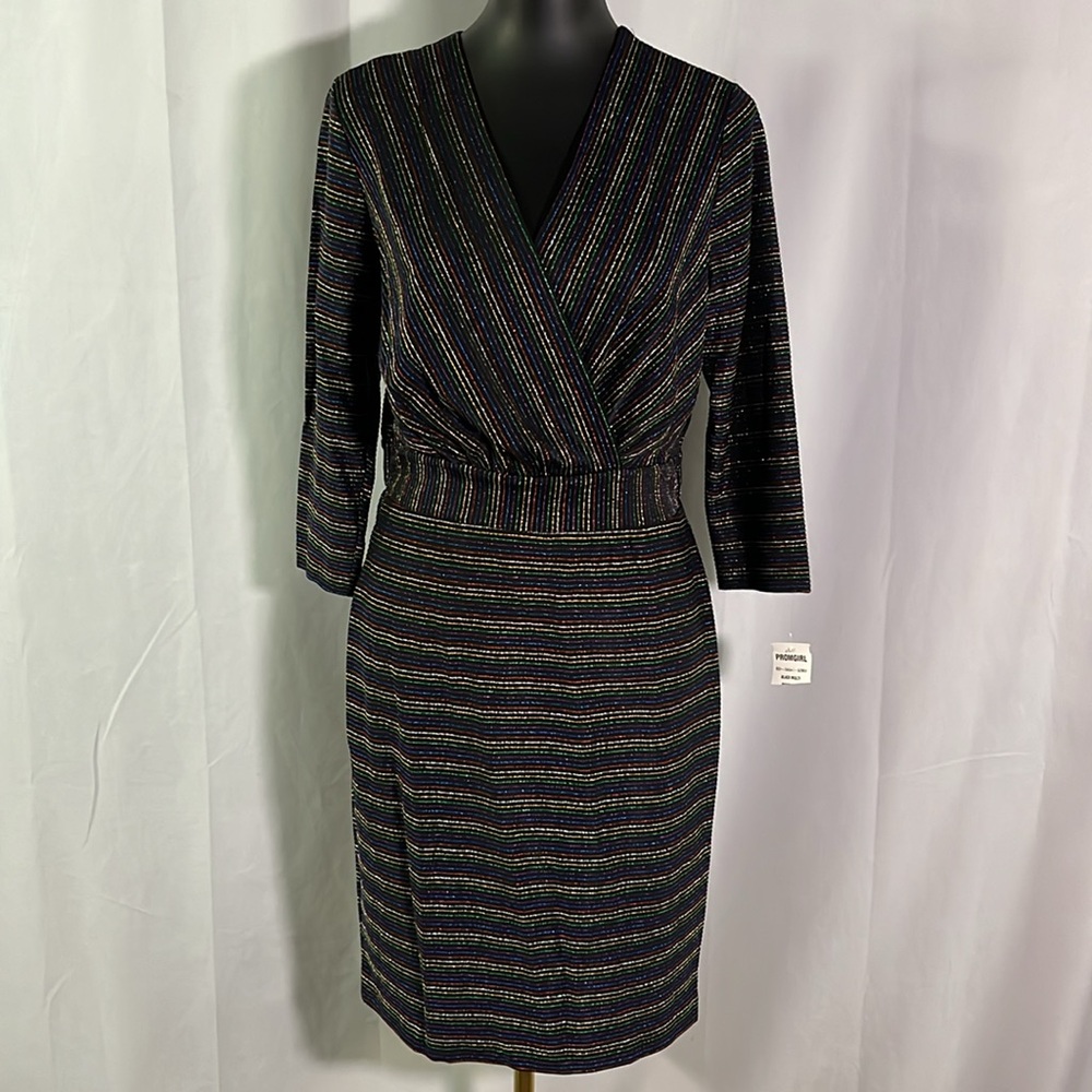 NWT ECI Black Metallic Rainbow Striped 3/4 Sleeve Faux Wrap Dress